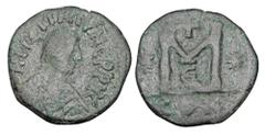 Byzantine BYZANTINE EMPIRE. Justin I & Justinian I, Joint reign, April 4-August 1, 527 AD. AE Follis (15.94 gm) of Constantinople. Diademed bust right / Large M. S.125. aVF, green patina. Rare.