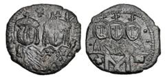 Byzantine BYZANTINE EMPIRE. Irene & Constantine VI, 780-797 AD. AE Follis (3.96 gm) of Constantinople. Busts of Irene & Constantine / Busts of Leo III, Con V, & Leo IV above large M. S.1596. VF+, some