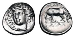 Greek Coins THESSALY, Larissa. ca. 350-300 BC. AR Drachm (5.81 gm). Three-quarters facing head of the nymph Larissa / Horse grazing, leg raised. BCD.315. Toned VF.