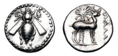 Greek Coins IONIA, Ephesos. 202-133 BC. AR Drachm (3.58 gm). Apollonides Magistrate. Bee / Stag standing right, palm tree behind. Kinns.pg84. BMC.121ff. XF. Perfectly centered bee.