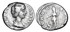 Roman Imperial Coins MANLIA SCANTILLA, wife of Didius Julianus, 193 AD. AR Denarius (3.23 gm). Draped bust / Juno standing with patera and sceptre, peacock at feet. RSC.2. RIC.7(R4). Toned VF. Very Ra