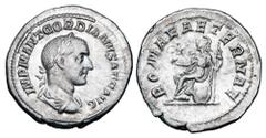 Roman Imperial Coins GORDIAN I, 238 AD. AR Denarius (2.49 gm). Laureate draped and cuirassed bust / Roma enthroned holding Victory and spear, shield at feet. RSC.8. RIC.4. Toned Choice XF. Very Rare. 
