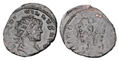Roman Imperial Coins QUINTILLUS, 270 AD. Æ Antoninianus (2.58 gm) of Mediolanum. Radiate and cuirassed bust / Fides standing with two standards. RIC.52v. aXF, restruck brockage.