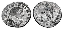 Roman Imperial Coins MAXIMINUS II, DAIA, 309-313 AD. Silvered Æ Large Module Follis (10.08 gm) of Lugdunum, as Caesar, 305-7 AD. Laureate draped and cuirassed bust / Genius standing holding patera and