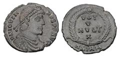 Roman Imperial Coins JOVIAN, 363-364 AD. Æ Follis (3.10 gm) of Sirmium. Diademed draped bust / Votive inscription in wreath. RIC.118. XF, green black patina. Rare.