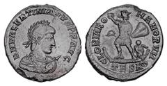 Roman Imperial Coins VALENTINIAN II, 375-392 AD. Æ Centenionalis (5.03 gm) of Thessaloniki. Armoured bust with spear / Emperor standing in galley steered by Victory. RIC.44a. VF+, brown black patina.