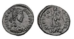 Roman Imperial Coins THEODOSIUS I, 379-395 AD. Æ Reduced Follis (1.23 gm) of Siscia, 384-87 AD. Diademed draped bust / Victory holding wreath and palm. RIC.39(b). LRBC.1576. XF, dark green patina.