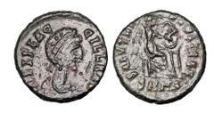 Roman Imperial Coins AELIA FLACCILLA, wife of Theodosius I, 378-395 AD. Æ Reduced Follis (1.39 gm) of Heraklea. Diademed bust / Victory writing on shield. RIC.13. VF+, green patina, some smoothing. Sc
