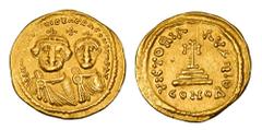 Byzantine Coins BYZANTINE EMPIRE. Heraklios, 610-641 AD. Gold Solidus (4.49 gm) of Constantinople. Crowned facing busts of emperor & son / Cross on three steps. S.738. XF.