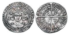 World Coins - Medieval (pre-1500) ENGLAND. Henry VI, 1422-1461 AD. AR Groat (3.58 gm), Rosette-mascle issue,1430-31 of Calais. mm Cross Patoncy. Crowned bust facing in tressure / Long cross with three