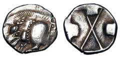 Greek LYCIA. Pre-Dynastic issue, 520-470 BC. AR Third Stater (2.71 gm). Forepart of boar left / Incuse square, three sides with lugs, large X at center. Falghera.20 (denom). SNG.vAul.4051. Toned VF+. 