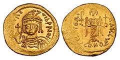 Byzantine BYZANTINE EMPIRE. Maurice Tiberios, 583-602 AD. Gold Solidus (4.42 gm) of Constantinople. Crowned bust facing / Angel standing. S.478. Near Mint, weak spots in legend.