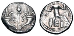 Celtic Coins CELTIC BRITAIN. Atrebates, Verica, 10-40 AD. AR Unit (1.22 gm). Two crossed cornucopiae / Seated woman, shield behind. VanArsdell.531. S.134. Toned VF+. ex Philip Ashton collection.