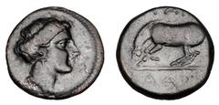 Greek Coins THESSALY, Larissa. 380-337 BC. Æ20 Dichalkon (4.45 gm). Head of Nymph Larissa / Horse grazing. Rogers.288. BCD.390.3. VF, green patina.