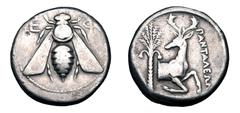 Greek Coins IONIA, Ephesos. 390-330 BC. AR Tetradrachm (14.75 gm). Pantaleon magistrate. Bee, straight wings / Forepart of running stag, head reverted, palm tree behind. BMC.30v. Pixodaros Hoard Glass