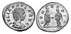 Roman Imperial Coins JULIA PAULA, first wife of Elagabalus. 219 AD. AR Denarius (1.75 gm). Draped bust with hair in bun / Elagabalus and Julia Paula standing hand in hand. RIC.214(S). Toned XF.