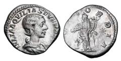 Roman Imperial Coins AQUILIA SEVERA, second wife of Elagabalus, 220 AD. AR Denarius (3.00 gm). Draped bust / Concordia standing at altar with patera and double cornucopia, star to left. RIC.225(S). To