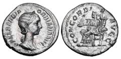 Roman Imperial Coins ORBIANA, wife of Severus Alexander, 222-235 AD. AR Denarius (2.70 gm), 225 AD. Draped bust / Concordia seated holding patera and cornucopia. RIC.319(S). RSC.1. Toned aXF.