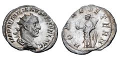 Roman Imperial Coins AEMILIAN, 253 AD. AR Antoninianus (3.34 gm). Radiate draped and cuirassed bust / Roma standing holding phoenix on globe and sceptre, shield at feet. RIC.9(R4). RSC.41. Toned VF+. 
