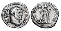Roman Imperial Coins CONSTANTIUS I CHLORUS, 306-307 AD. AR Argentus (2.74 gm) of Carthage. Laureate head / Africa standing holding standard, lion and bull at feet. RIC.13a. Toned VF. Rare.