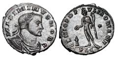 Roman Imperial Coins MAXIMINUS II, DAIA, 309-313 AD. Silvered Æ Follis (10.01 gm) of Lugdunum 305-7 AD as caesar. Laureate cuirassed bust / Genius standing holding patera and cornucopiae. RIC.199b. XF