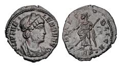 Roman Imperial Coins HELENA, mother of Constantine I, 307-337 AD. Æ Reduced Follis (1.68 gm) of Trier, 337-40. Diademed draped bust / Pax standing holding branch and sceptre. RIC.63. Near Mint, dark b