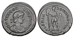 Roman Imperial Coins THEODOSIUS I, 379-395 AD. Æ Centenionalis (5.54 gm) of Heraklea 392-395 AD. Diademed bust / Emperor standing with labarum and globe. RIC.27(a). aXF, brown patina.