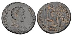 Roman Imperial Coins AELIA FLACCILLA, wife of Theodosius I, 379-395 AD. Æ Centenionalis (5.70 gm) of Antioch 378-383 AD. Diademed and draped bust / Victory seated drawing Christogram on shield set on 