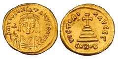 Byzantine Coins BYZANTINE EMPIRE. Tiberius II Constantine, 578-582 AD. Gold Solidus (4.45 gm) of Constantinople. Crowned bust facing / Cross on steps. S.422. aXF.