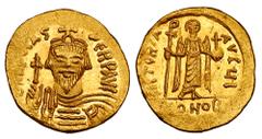 Byzantine Coins BYZANTINE EMPIRE. Phokas, 602-610 AD. Gold Solidus (4.46 gm) of Constantinople. Crowned bust facing / Angel standing. S.620. Near Mint, flatness in legends.
