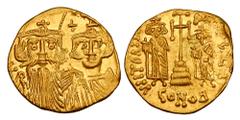 Byzantine Coins BYZANTINE EMPIRE. Constans II, 641-668 AD. Gold Solidus (4.40 gm) of Constantinople. Crowned facing busts of Constans & Constantine IV / Heraklios & Tiberios standing. S.964. XF.