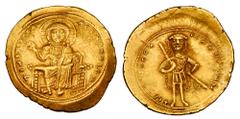 Byzantine Coins BYZANTINE EMPIRE. Isaac I, 1057-1059 AD. Gold Hyperpyron (4.38 gm) of Constantinople. Christ enthroned / Isaac standing with sword drawn. S.1843. XF. Scarce.