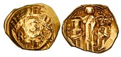 Byzantine Coins BYZANTINE EMPIRE. Andronikos II & Michael IX, 1295-1320 AD. Gold Hyperpyron (3.87 gm) of Constantinople. The Virgin Mary orans / Christ blessing both emperors. S.2396. Crude VF.