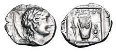 Greek Coins LYCIA, Lycian League, Phaselis. 167-81 BC. AR Hemidrachm (2.25 gm), Pseudo-League Coinage. Laureate head of Apollo / Lyre, crown of Isis, and torch all in incuse square. Trox.47. SNG.vAul.