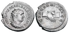 Roman Imperial Coins BALBINUS, 238 AD. AR Antoninianus (4.59 gm). Radiate draped and cuirassed bust / Clasped hands. RIC.10. Toned aXF. Scarce.