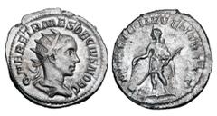 Roman Imperial Coins HERENNIUS ETRUSCUS, 251 AD. AR Antoninianus (3.93 gm) as Caesar. Radiate draped bust / Caesar standing with wand and spear. RSC.26. RIC.147c. XF, typical weak rev strike. Scarce.