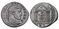 Roman Imperial Coins MAXENTIUS, 306-312 AD. Æ Follis (6.54 gm), Rome, 308-10. Laureate head / Roma enthroned in hexastyle temple, holding globe and sceptre. RIC.210. XF, brown patina.