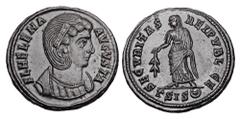 Roman Imperial Coins HELENA, mother of Constantine, d. 328 AD. Æ Follis (3.25 gm) of Siscia 328-329 AD. Draped bust / Securitas standing holding branch. RIC.218. Near Mint, brown black patina.