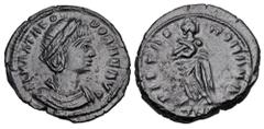 Roman Imperial Coins THEODORA, stepmother of Constantine I, d. 328 AD. Æ Reduced Follis (2.67 gm) of Trier 337-40. Draped bust / Pietas standing holding infant. RIC.48(R). Near Mint, dark brown patina