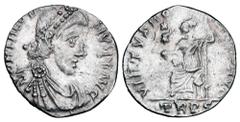 Roman Imperial Coins THEODOSIUS I, 379-392 AD. AR Siliqua (1.45 gm) of Trier. Diademed, draped and cuirassed bust / Roma enthroned holding orb and spear. RIC.58b(R). VF+. Rare.