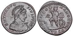 Roman Imperial Coins THEODOSIUS I, 379-395 AD. Æ Centenionalis (5.16 gm) of Thessaloniki, 378-83. Helmeted draped bust with spear / Emperor in galley steered by Victory. RIC.44b. XF, weak spot, brown 