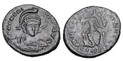 Roman Imperial Coins HONORIUS, 392-423 AD. Æ Follis (2.49 gm) of Constantinople, 392/5. Helmeted and cuirassed bust with spear facing / Emperor standing with labarum and victory on globe. RIC.88(c)3. 