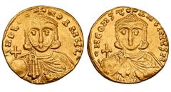 Byzantine Coins BYZANTINE EMPIRE. Leo III & Constantine V, 717-741 AD. Gold Solidus (4.45 gm) of Constantinople. Crowned facing bust of Leo / Same, Constantine. S.1504. VF+. Scarce.