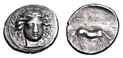 Greek Coins THESSALY, Larissa. 405-370 BC. AR Drachm (5.94 gm). Three-quarters facing head of the nymph Larissa / Horse grazing. BCD.II.199. L-S. Group.3.12. VF+. ex BCD collection. Choice Bust.