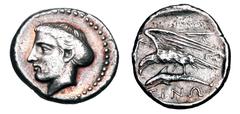 Greek Coins PAPHLAGONIA, Sinope. 425-410 BC. AR Drachm (6.05 gm). Head of Nymph Sinope / Eagle flying holding dolphin. SNG.BM.1376v. Toned VF+. Fine style portrait.