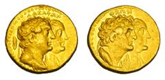 Greek Coins PTOLEMAIC KINGDOM. Ptolemy II, 282-246 BC. Gold Tetradrachm (13.86 gm) of Alexandria. Jugate busts of Ptolemy II & Arsinoe II / Jugate busts of Ptolemy I & Bernike. SNG.Cop.133. aXF. Scarc