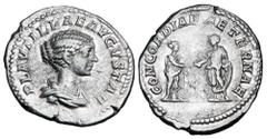 Roman Imperial Coins PLAUTILLA, wife of Caracalla, d. 212 AD. AR Denarius (3.59 gm). Draped bust / Caracalla and Plautilla standing, hands clasped. RIC.361. XF. Scarce.