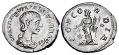 Roman Imperial Coins AQUILIA SEVERA, second wife of Elagabalus, 220 AD. AR Denarius (3.03 gm). Draped bust / Concordia standing at altar with patera and double cornucopia, star to left. RIC.225(S). To