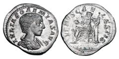 Roman Imperial Coins JULIA SOAEMIAS, mother of Elagabalus, d. 222 AD. AR Denarius (2.90 gm). Draped bust / Venus seated holding apple and sceptre, child in front. RIC.243. Lightly Toned Near Mint.