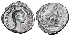 Roman Imperial Coins ORBIANA, wife of Severus Alexander, 222-235 AD. AR Denarius (2.59 gm), 225 AD. Draped bust / Concordia seated holding patera and cornucopia. RIC.319(S). RSC.1. Toned VF.